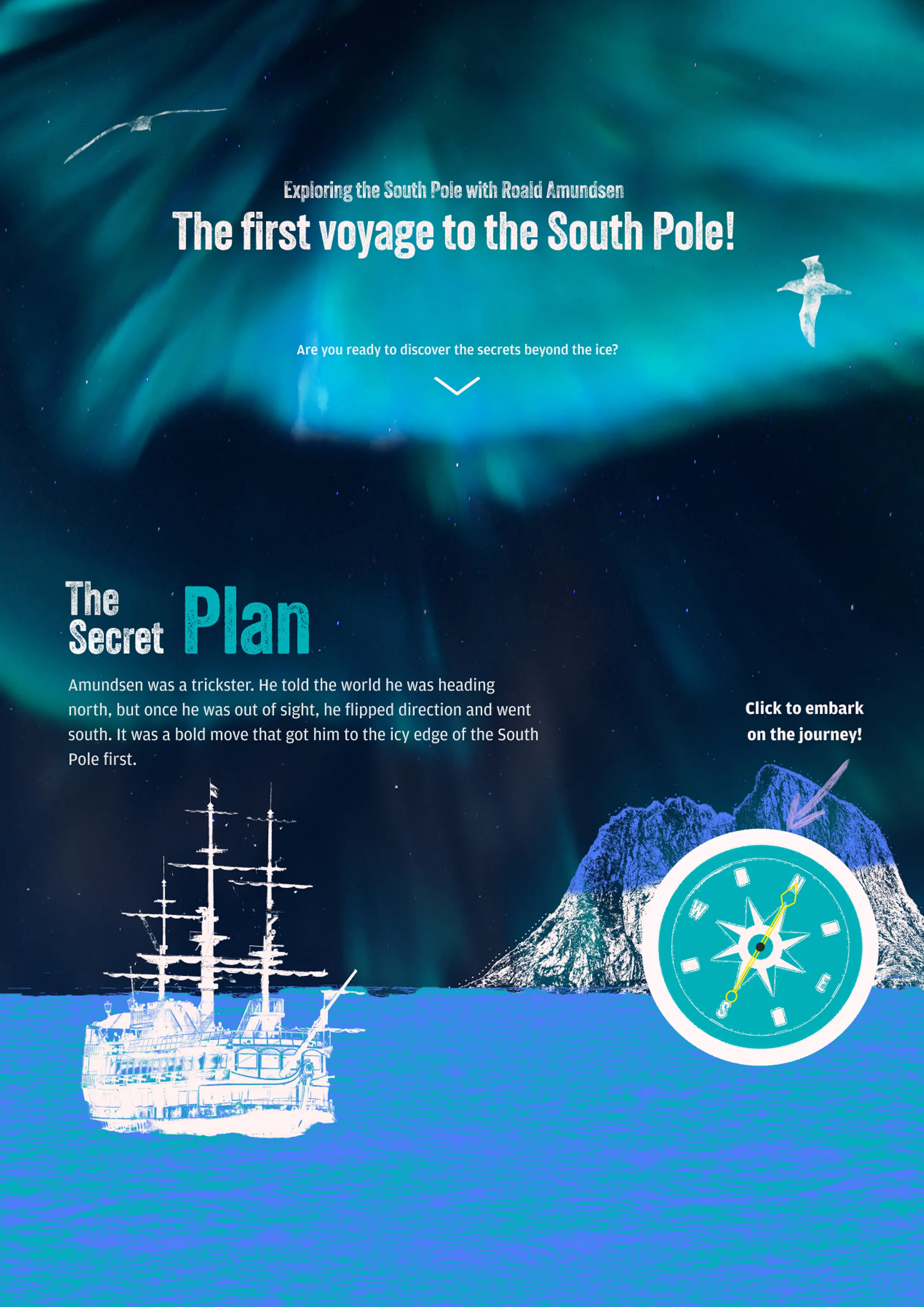 A link to a Figma prototype for a design about the first voyage to the South Pole