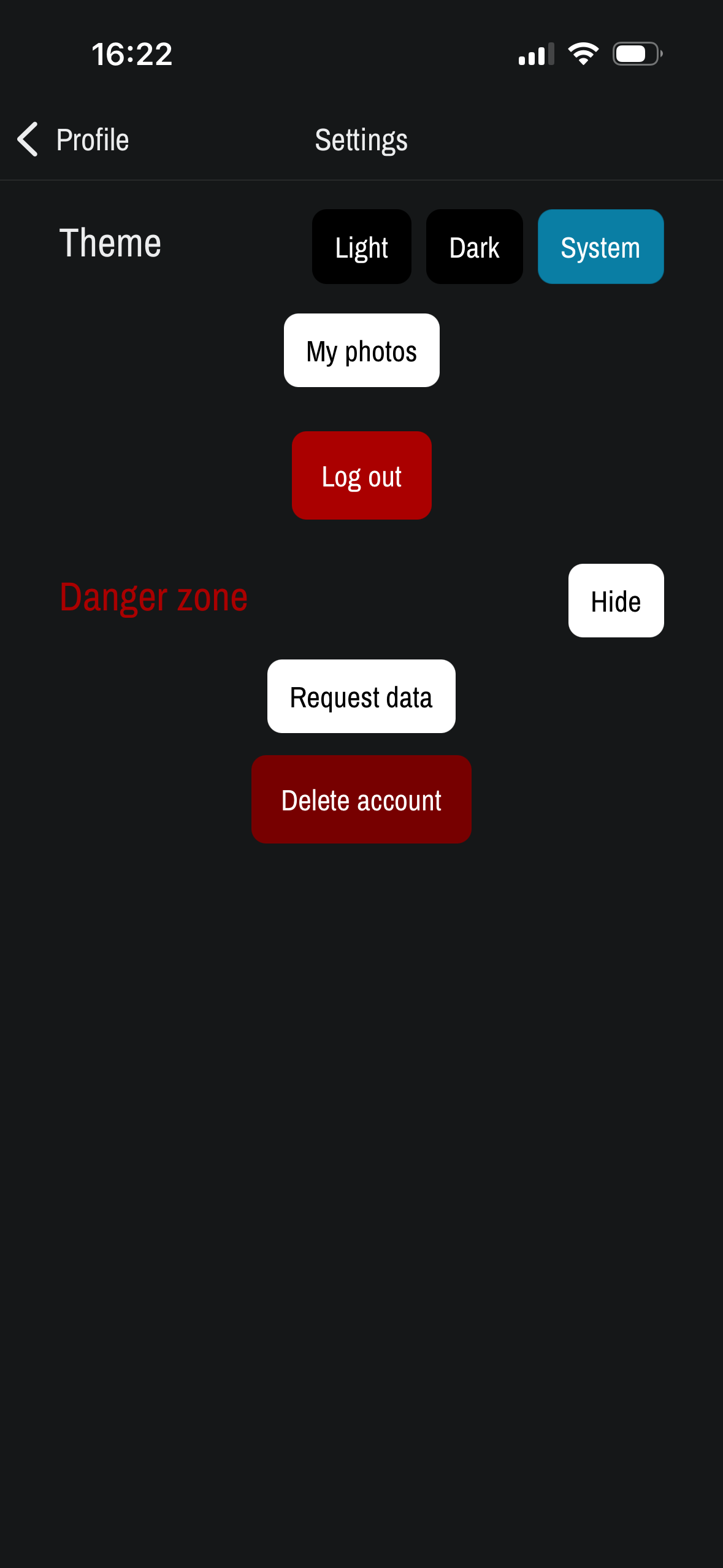 Settings screen